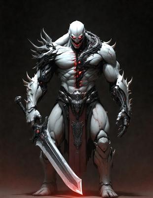 The primary subject of the image is a white, demonic-looking creature with a sword in its hand. The creature is standing in front of a red background, which adds a dramatic and intense atmosphere to the scene. The visual style of the image is digital art, as it appears to be a well-crafted and detailed illustration. The dominant colors in the image are red and white, which create a striking contrast and emphasize the demonic nature of the creature.
